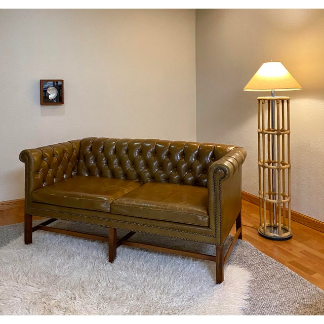 Kittinger Leather Tufted Chesterfield Loveseat Sofa in Deep Olive Green