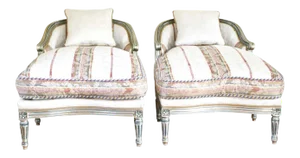 Hollywood Regency Louis XVI Chaise Lounges French Painted and Parcel Gilt Silver