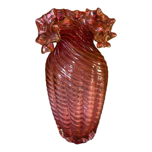 Late 20th Century Fenton Cranberry Ruffled Glass Vase For Sale
