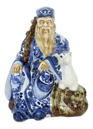 Signed Kutani Blue and White Japanese Porcelain Statue Figure of Sau, the Immortal With His Deer