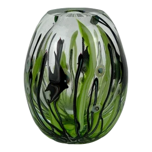 Signed Lee Hudin Art Glass Vase With Fish Sea Motif, Circa 1977