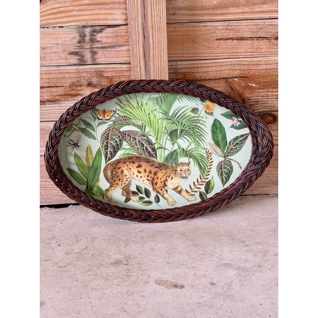 Vintage Hand Painted & Decoupaged Rattan Leopard Oval Serving Tray For Sale - Image 10 of 11