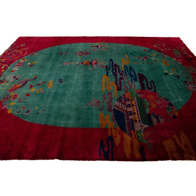 1920s Green and Red Antique Art Deco Handmade Floral Chinese Wool Rug For Sale - Image 5 of 9