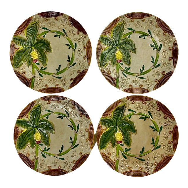 1970s Banana Tree Plates, 8” Wide, Hand Painted - Set of 4 For Sale