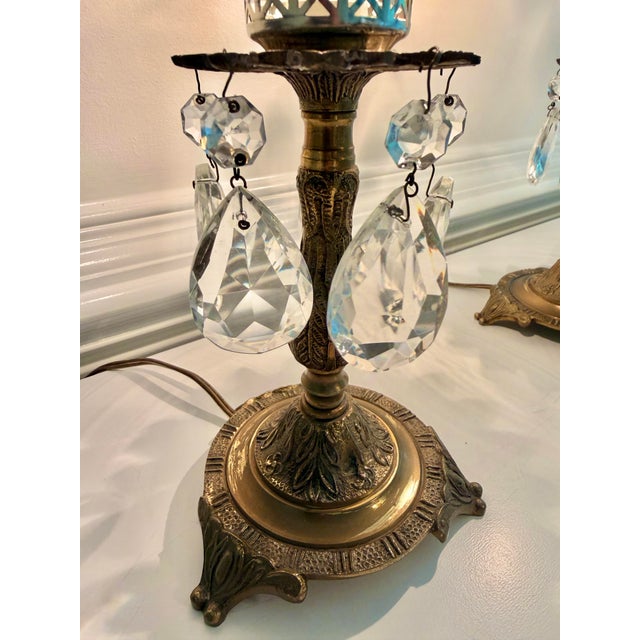 Pair of Vintage Brass Accent Lamps With Chandelier Crystal Prisms & Etched Glass Shades For Sale In Charleston - Image 6 of 12