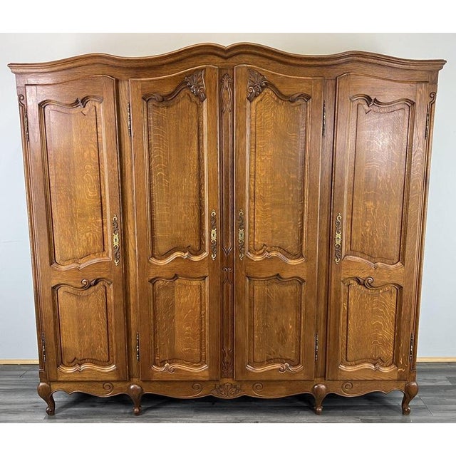 Vintage French Louis XVI Style Carved Oak 4-Door Armoire For Sale - Image 16 of 16