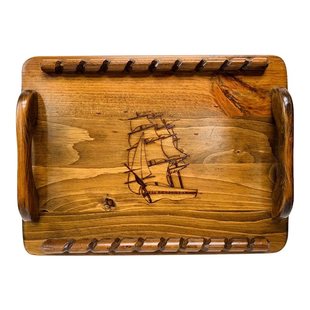 Vintage Handcrafted Wood Bar Tray With Pyrography Sailing Ship For Sale