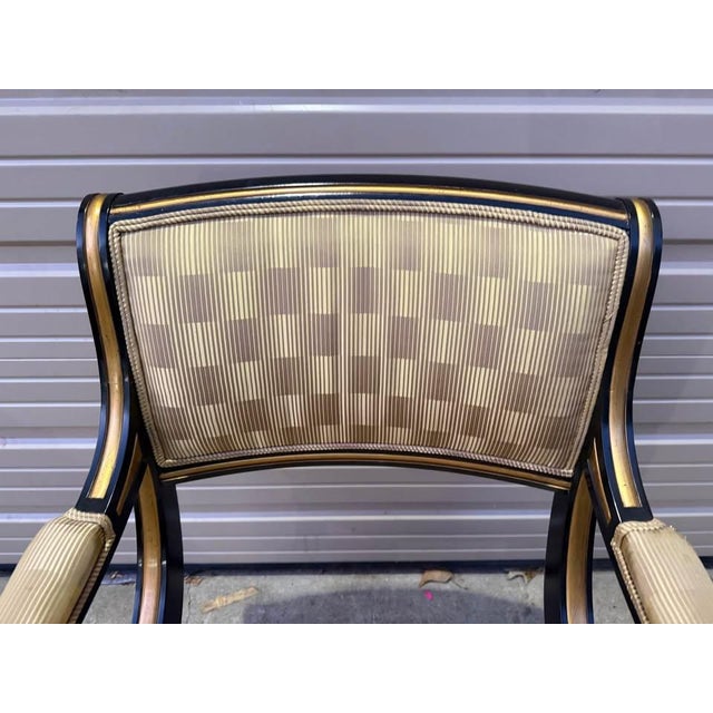 English Late 20th Century Baker Furniture Pair of Vintage Hollywood Regency Style Saber Leg Ebonized Parcel Gilt Trim Open Armchairs For Sale - Image 3 of 11