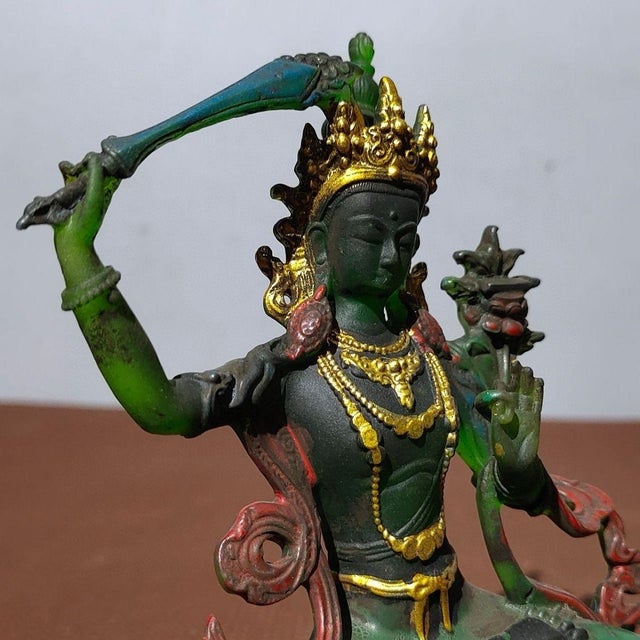Asian 1940s Green Bodhisattva (Tara) Figurine Seated on Lotus Throne — Green & Gold Robes, Red Sashes For Sale - Image 3 of 9