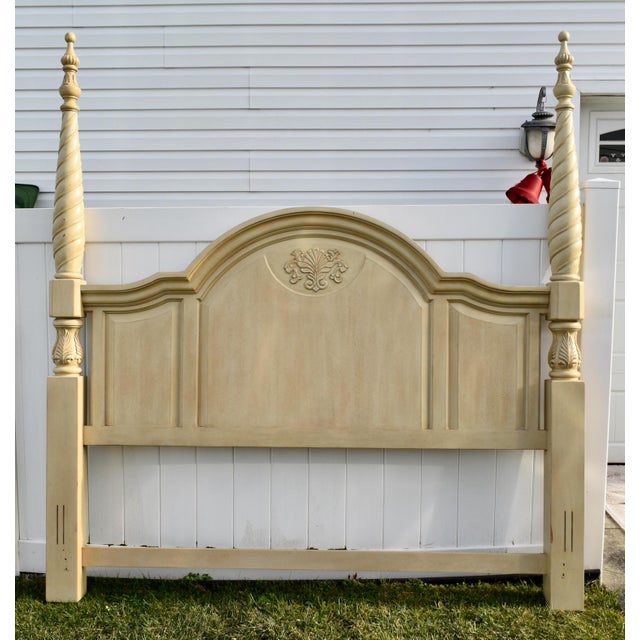 Vintage Wood King Headboard Venetian Poster Carved Cream Off White Provincial For Sale - Image 10 of 13