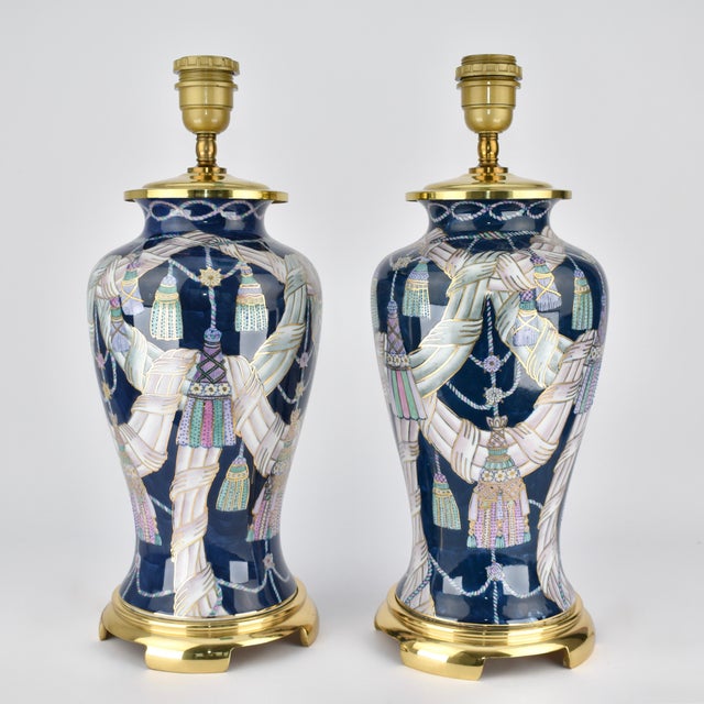1980s Tassel Decorated set of Chinese Porcelain Table Lamps For Sale - Image 6 of 9