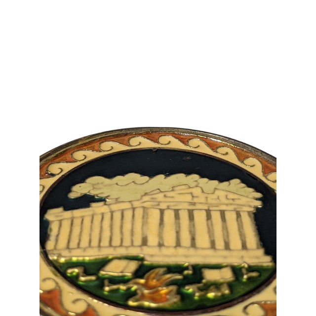 Goldenrod Vintage Greek Parthenon Enameled Brass Decorative Wall Hangings- Set of 2 For Sale - Image 8 of 12
