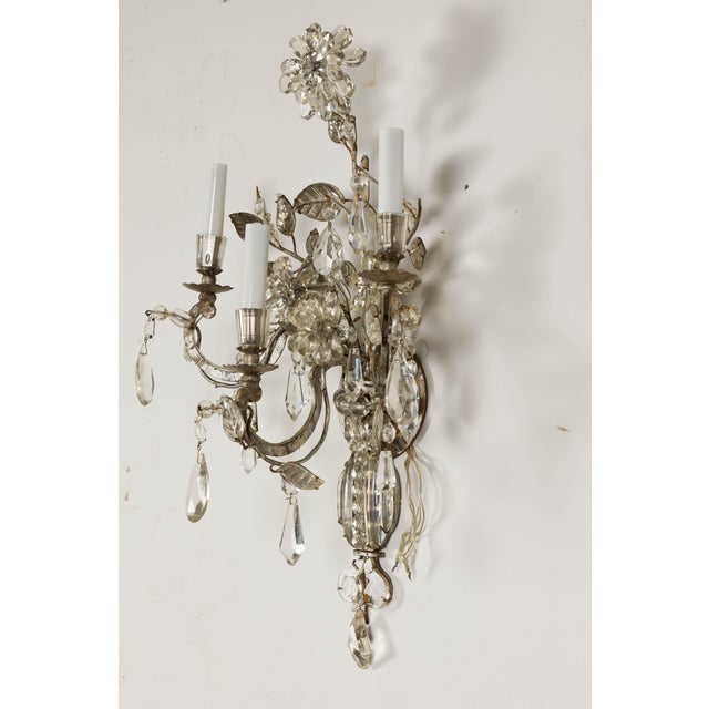 French 1940s Maison Baguès Crystal Three-Arm Sconces with Floral Motifs, US Wired For Sale - Image 3 of 12