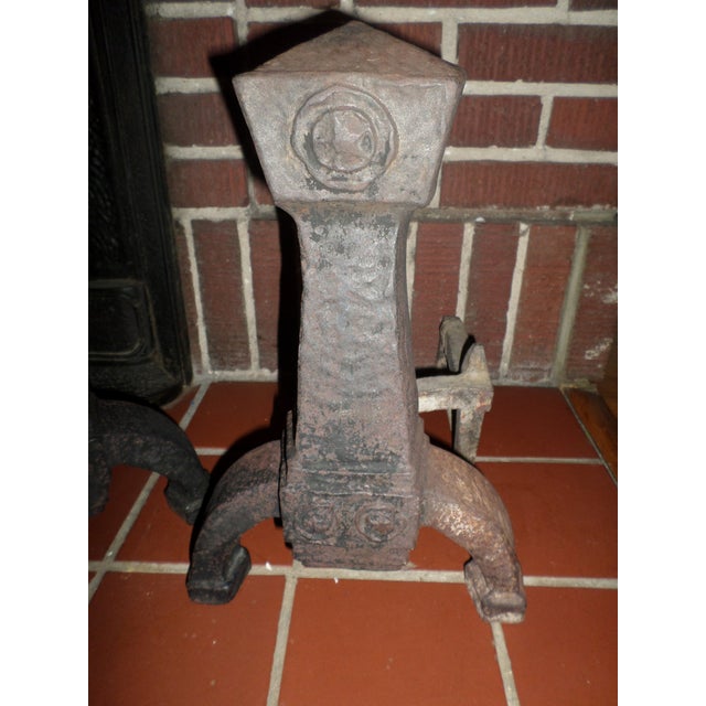 Antique Wrought Iron Hand-Hammered Arts and Craft Fire Dogs / Andirons- Set of 2 For Sale - Image 4 of 7