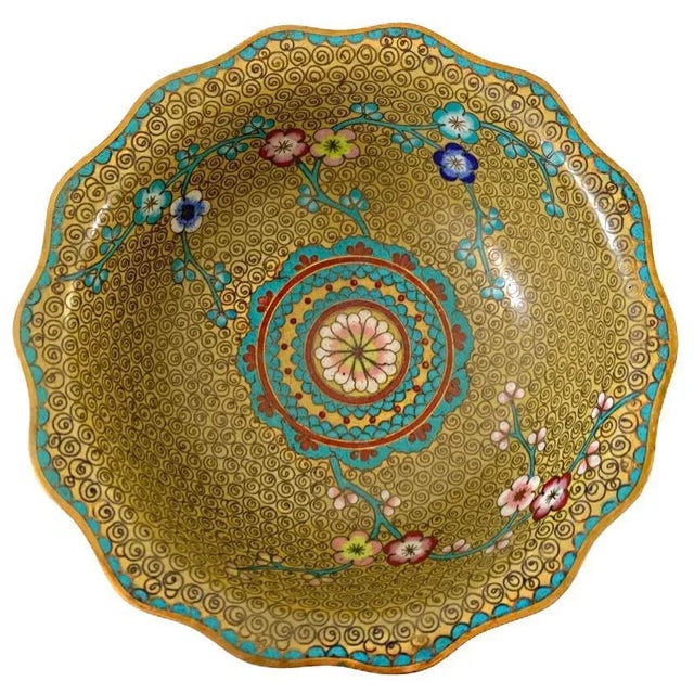 Goldenrod Vintage Chinoiserie Cloisonné Bowl Dish With Scalloped Edge, China For Sale - Image 8 of 8