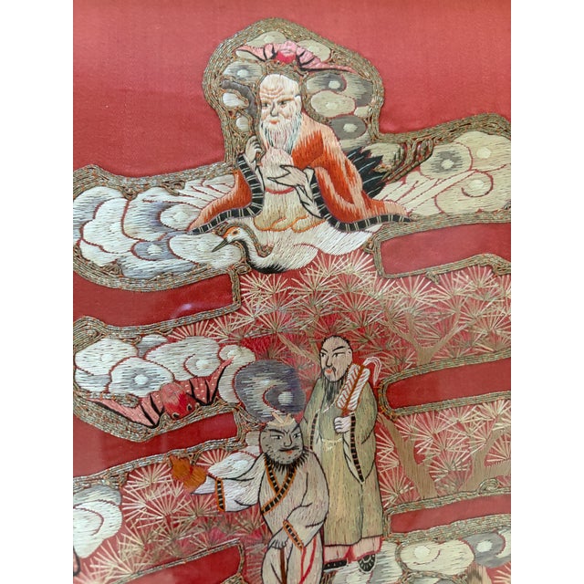 Red Vintage Chinese Silk Embroidery Longevity Symbol (Shou) – Hand Stitched Gold Thread Framed Art, 23x19 For Sale - Image 8 of 11