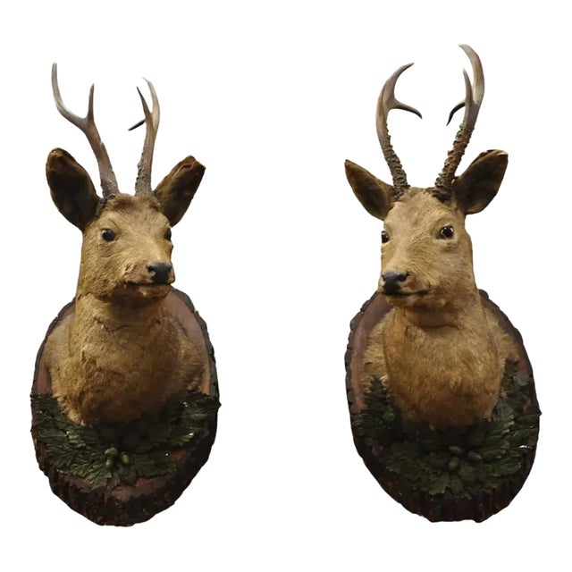 Vintage Taxidermy Deer Shoulder Mount Wall Decor With Metal Leaves (R&l) - a Pair For Sale