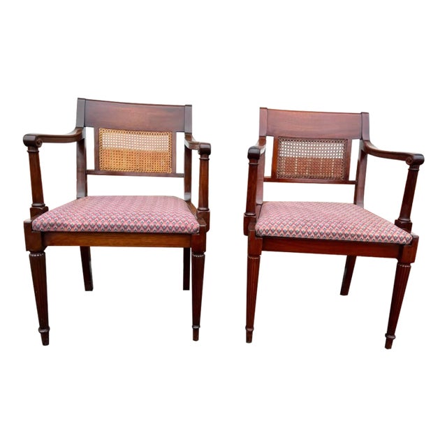 Pair of Antique Colonial Regency Style Mahogany Cane Back Armchairs. For Sale