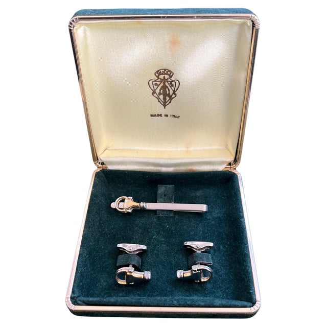 Vintage Gucci Gold Plate Cufflinks & Tie Clip Set Circa 1970s With Original Gucci Green Velvet Case & Tag A distinguished...