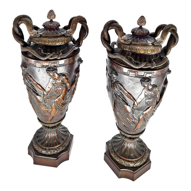 Pair of Late 19th-Century Bronze Lidded Urns For Sale