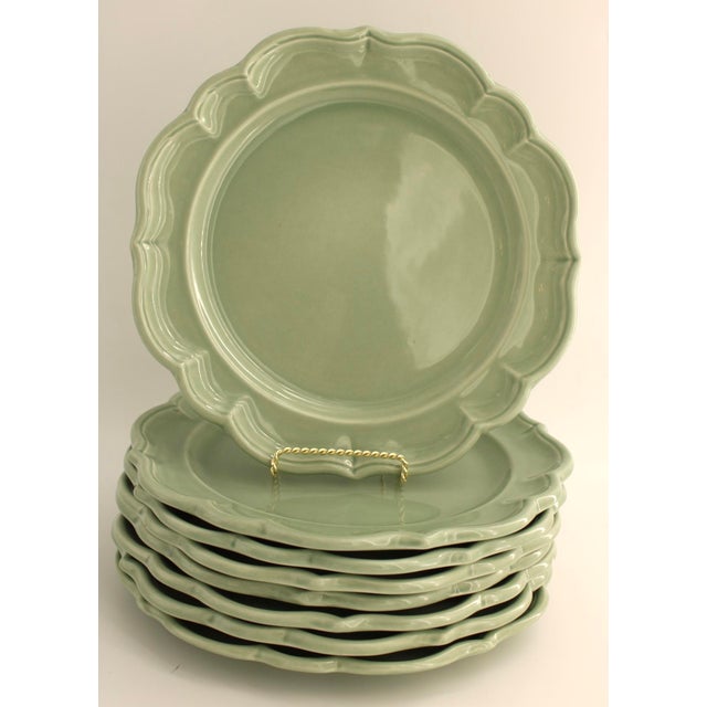 French Country Set of 8 Varages France Large Celadon Green Dinner / Chop / Charger Plates 12" For Sale - Image 3 of 5