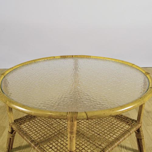 1950s Round Bamboo and Rattan Coffee Table with Glass Top and Woven Shelf, 1950s For Sale - Image 5 of 9