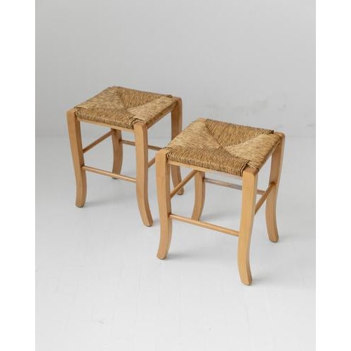 Vintage Wooden Stools with Handwoven Straw Seats and Curved Legs, 1980s, Set of 2 For Sale - Image 11 of 11