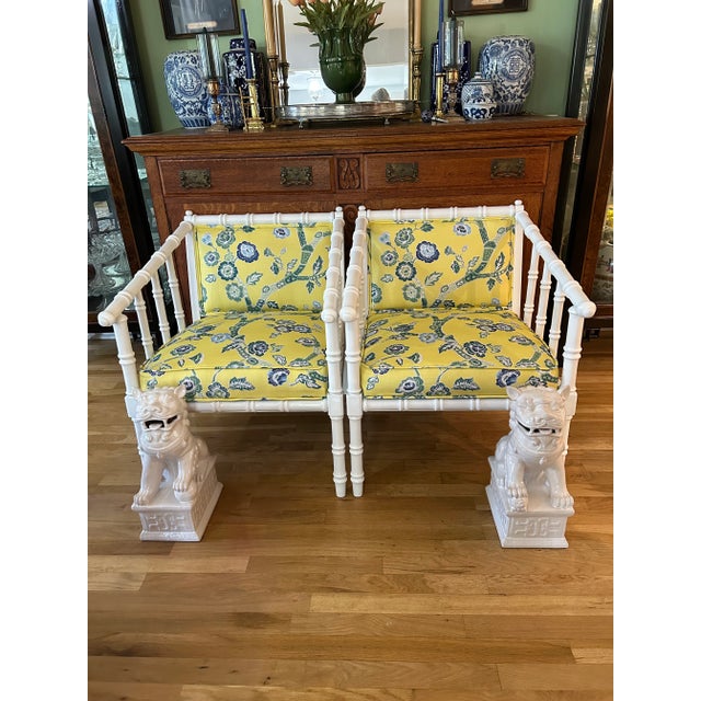 This pair of very comfortable chairs are begging to live in a Palm Beach garden room. Made in 1971 by Ayers Furniture the...