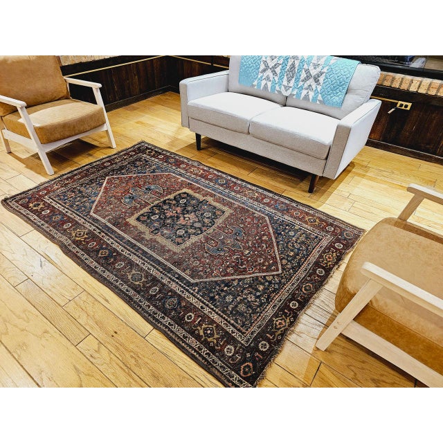 19th Century Persian Bidjar Rug, Hand-Knotted Wool, Geometric Herati Pattern, Burgundy & Blue, 5x7 For Sale - Image 14 of 18