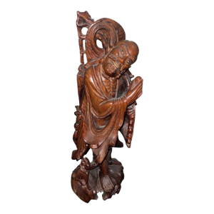 Late 19th Century Chinese Rosewood Carving of a Luohan (Arhat) W/ Mythical Qilin