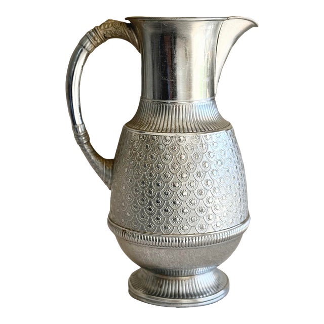 Antique Traditional Quadruple Silver Plated Pitcher With Embossed Peacock Feather Pattern by James Tufts Boston For Sale