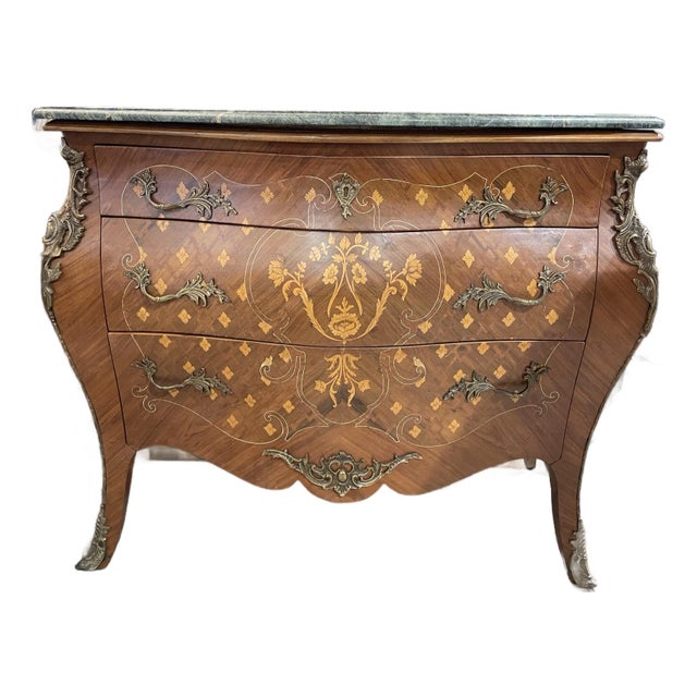 Inlaid Wood Bombe Chest With Tan Marble Top For Sale