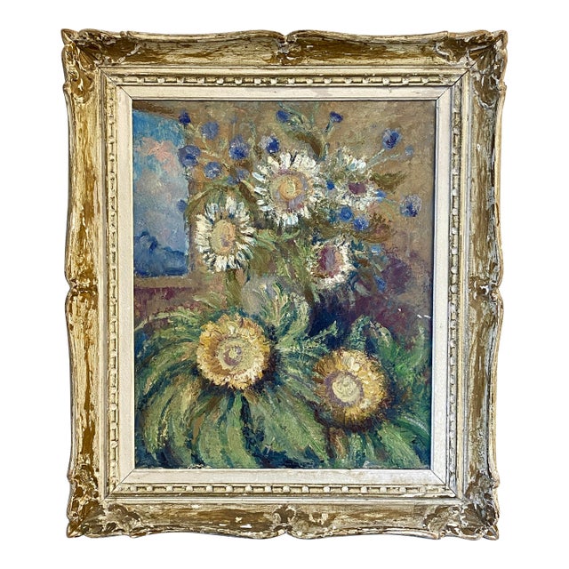 Early 1900s Original French Sunflower Still Life Oil Painting For Sale
