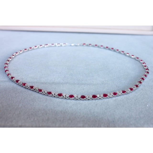 Red Ruby Diamond Bezel Set Tennis Line 14k White Gold Classic Set Unique Necklace For Sale - Image 8 of 14