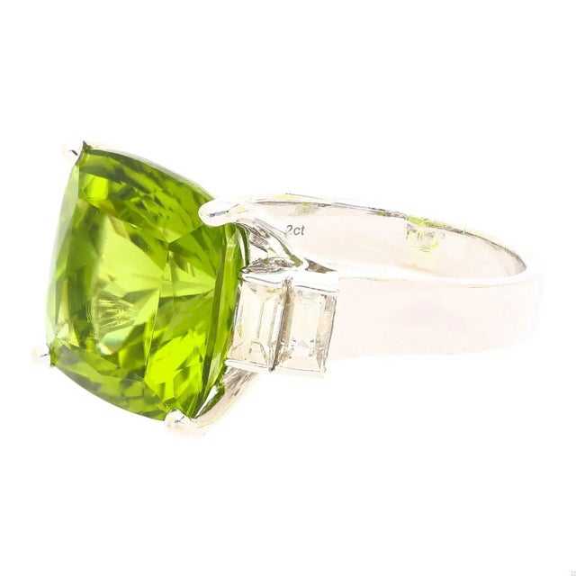 Mid 20th Century Vintage 14.11 Carat Peridot and Baguette Cut Diamond in 18k White Gold Ring, Size 6 For Sale - Image 5 of 8