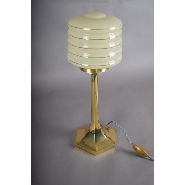 Josef Hoffmann Style Brass Table Lamp, Opaline Glass Shade, Wiener Werkstätte Inspired, Austria / Europe, 1990s For Sale - Image 9 of 13