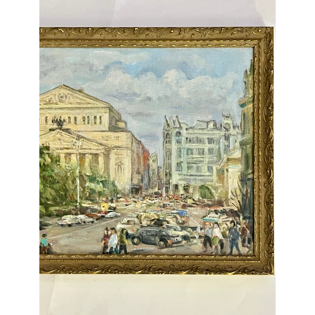 Traditional Vintage Impressionist Oil Painting of Bolshoi Theatre in Gilt Frame | Impressionist Street Scene | Signed Original For Sale - Image 3 of 14