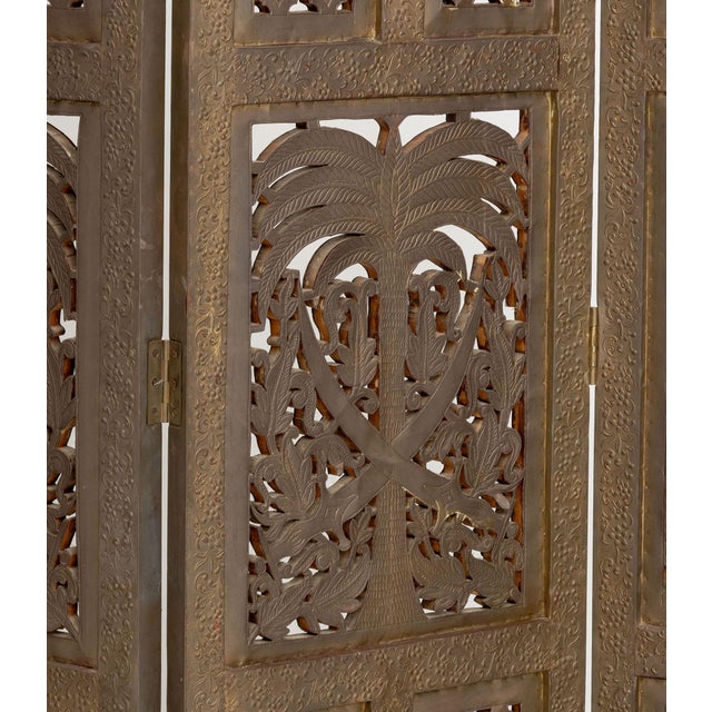 Syrian Palm Tree Motif Four Panel Brass Clad Screen For Sale - Image 4 of 10