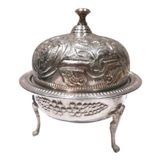 Early 1900s Antique Moroccan Hand Hammered Silver Plated Brass Bowl With Dome Cover For Sale