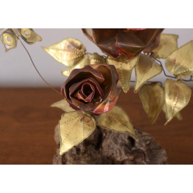 Mid Century Metal Roses and Butterfly Sculpture on Burlwood Base For Sale - Image 11 of 12