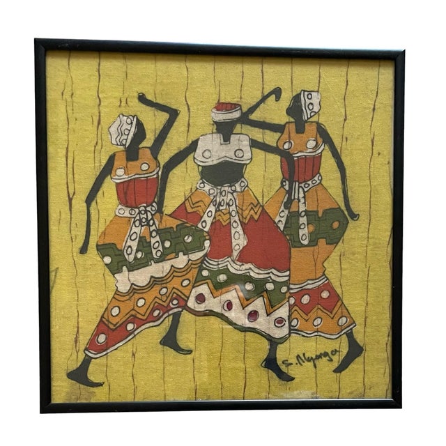 African Pair of African Batik Art Signed Tribal 9x9 Each Custom Framed Signed. Set of 2 For Sale - Image 3 of 8