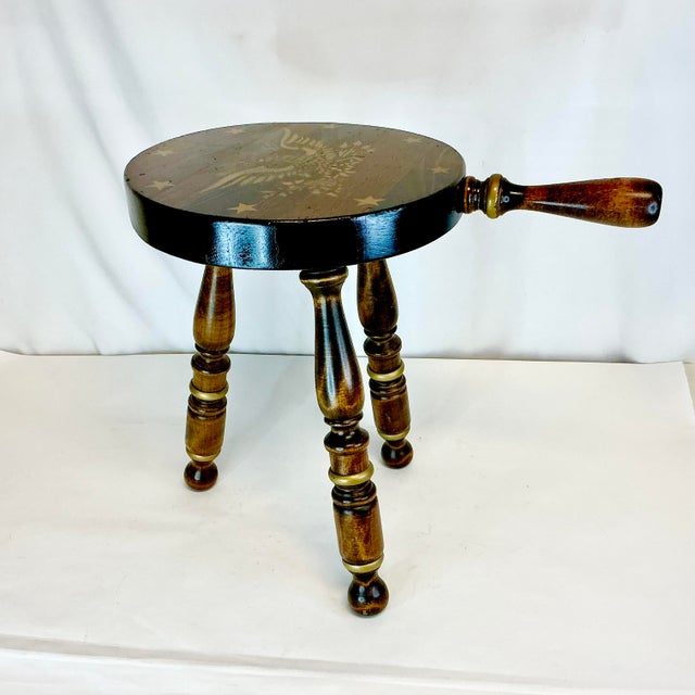1950s 1950s Vintage Americana Rustic Boho Chic 3-Leg Wooden Stool With Handle, Eagle & Stars For Sale - Image 5 of 9