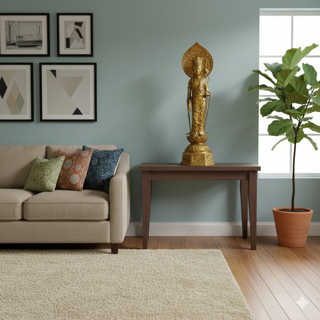 Bronze Oriental Metal Bronze Kannon Guan Yin Bodhisattva Holding Lotus Statue For Sale - Image 8 of 14