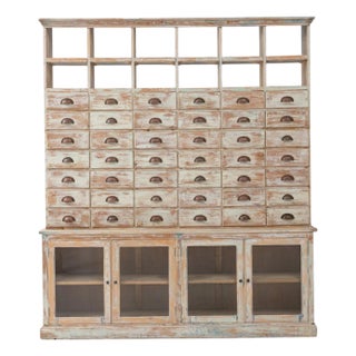 Mid 20th Century French Wood Patinated Apothecary Cabinet with Glass Doors For Sale