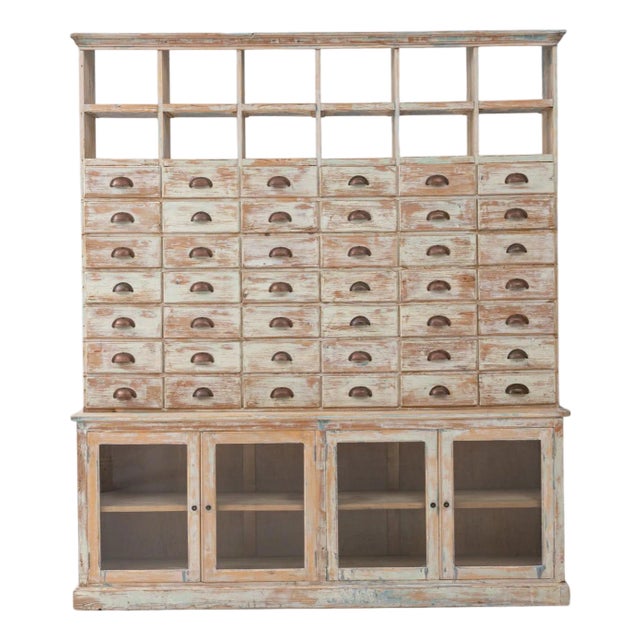 Mid 20th Century French Wood Patinated Apothecary Cabinet with Glass Doors For Sale