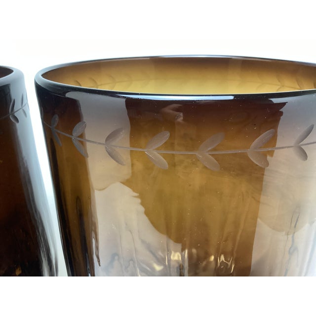 Late 20th Century Fabulous Pair of Jan Barboglio 29” Tall Iron and Amber Glass Hurricanes For Sale - Image 11 of 12