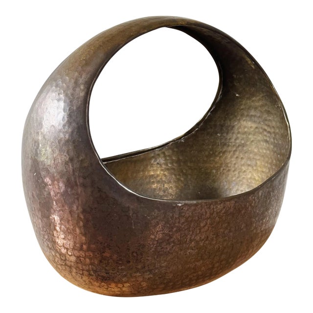 Mid-Century Hand Forged and Hammered Brass Bowl Basket For Sale