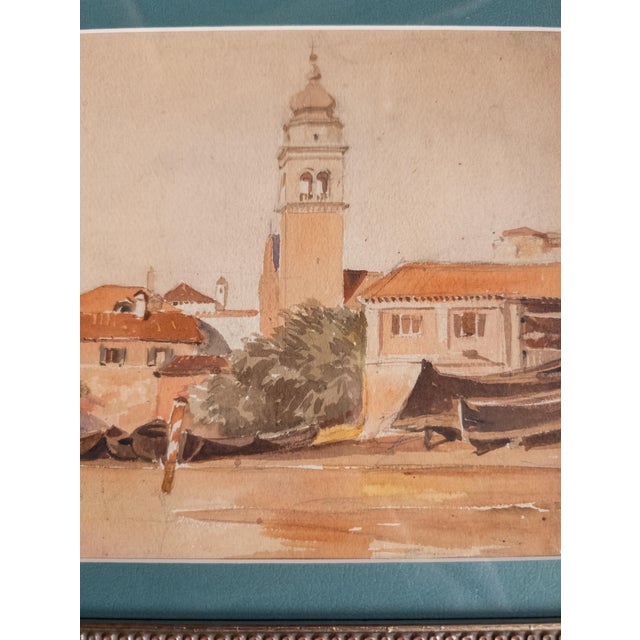 Burnt Orange 19th or 20th Century Italian Watercolor Painting of a Seaside Village, Unsigned For Sale - Image 8 of 9
