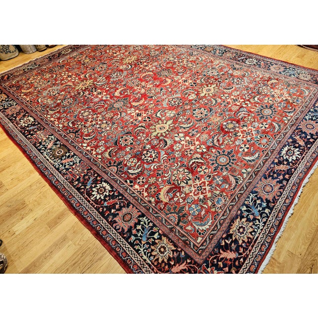 Red Vintage Oversized Persian Mahal Sultanabad Rug, Hand-Knotted Wool, Geometric Pattern, 12x15, Red & Navy For Sale - Image 8 of 18