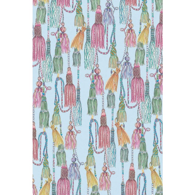 Traditional Tassel Trellis Grasscloth Wallpaper by House Party | Silk Ribbon Blue | 8 Yards For Sale - Image 3 of 10